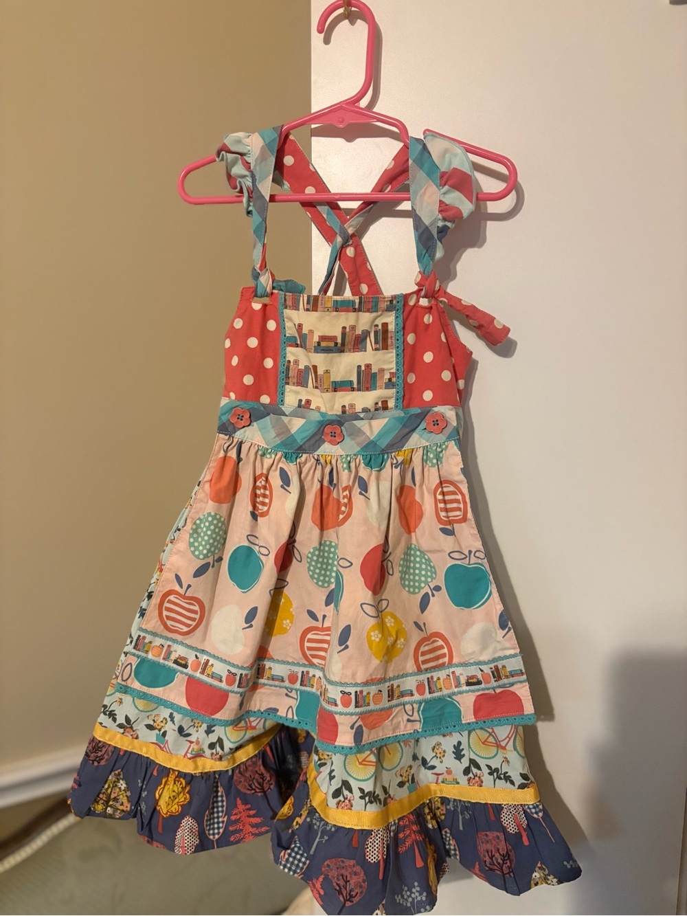 Matilda Jane Multi-Color Apple Print Skirt with Coral Smocking